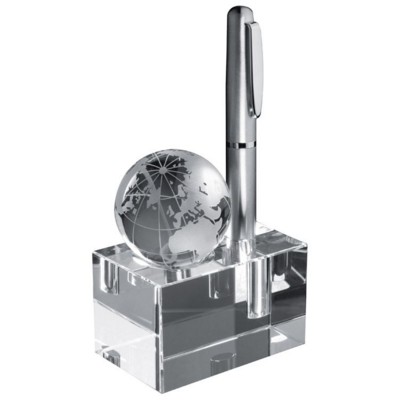 GLASS CUBE PEN STAND with Loose World Globe