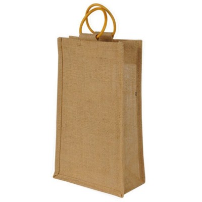 JUTE TWO BOTTLE BAG with Cane Handles in Natural