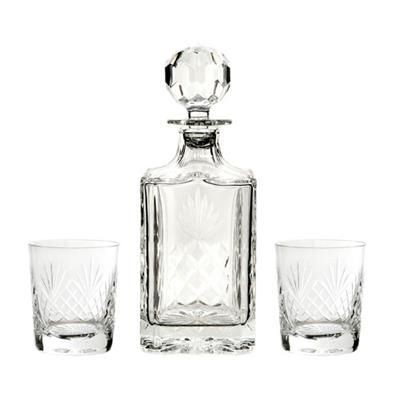 CUT SQUARE CRYSTAL GLASS DECANTER & 2 TUMBLERS