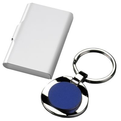 CHROMED METAL KEYRING with Blue Centre