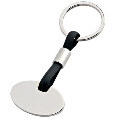 SILVER CHROME METAL & BLACK PVC OVAL KEYRING