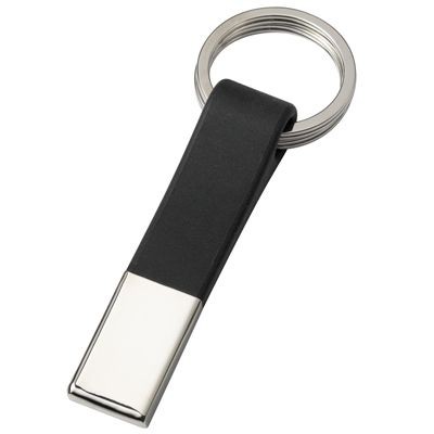 DOUBLE RING SILVER METAL & BLACK PVC KEYRING