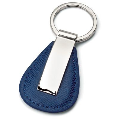 METAL KEYRING in Shiny Silver Chrome & Blue Faux Leather