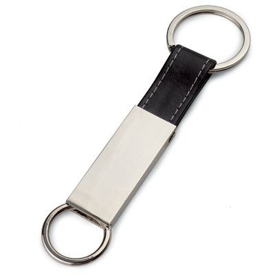 METAL KEYRING in Shiny Silver Chrome & Black Faux Leather