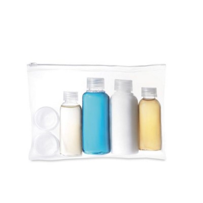 TRAVEL COSMETICS POUCH with Bottles in Translucent Clear