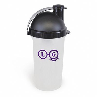 600ML SINGLE WALL PLASTIC PROTEIN SHAKER in Translucent Clear Transparent with Black Lid