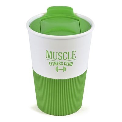 350ML WHITE PLASTIC TUMBLER with Green Lid & Grip